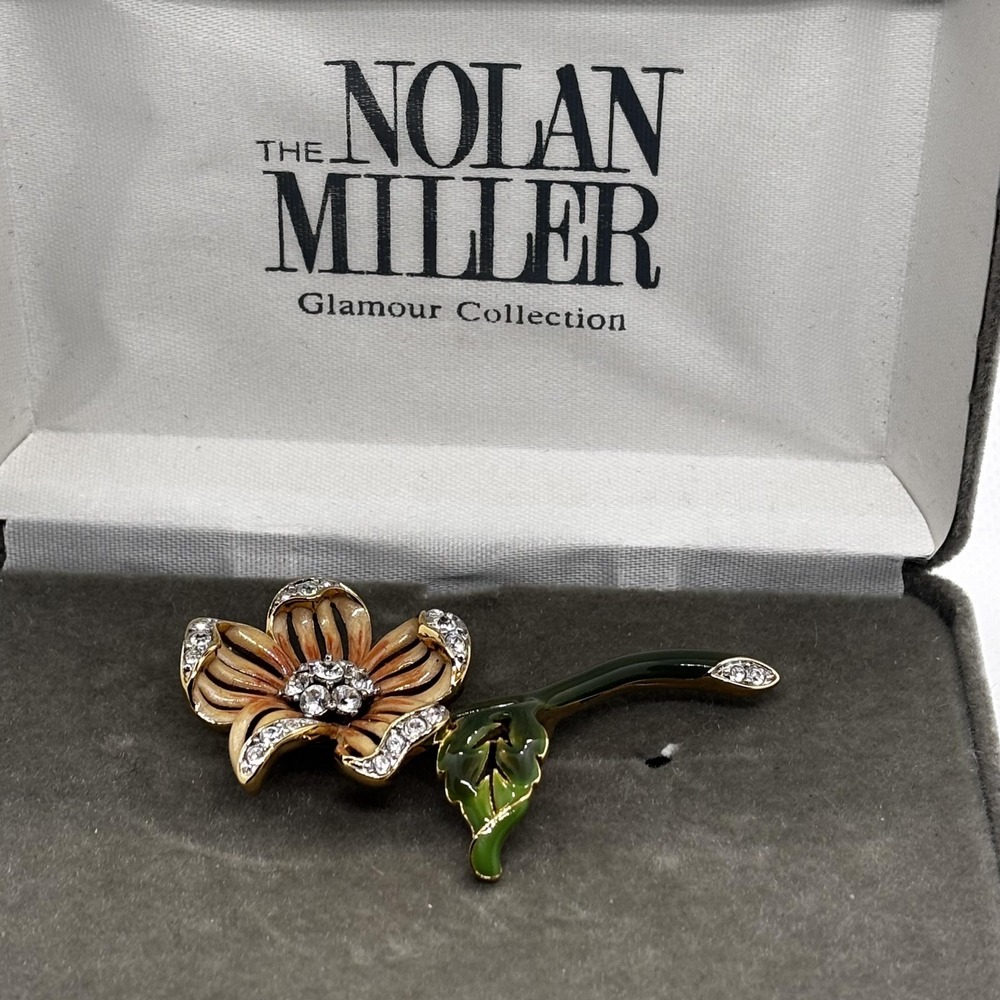 Vintage Nolan Miller Flower Brooch Pin Gold Tone Enamel Rhinestone‎ Crystal Box